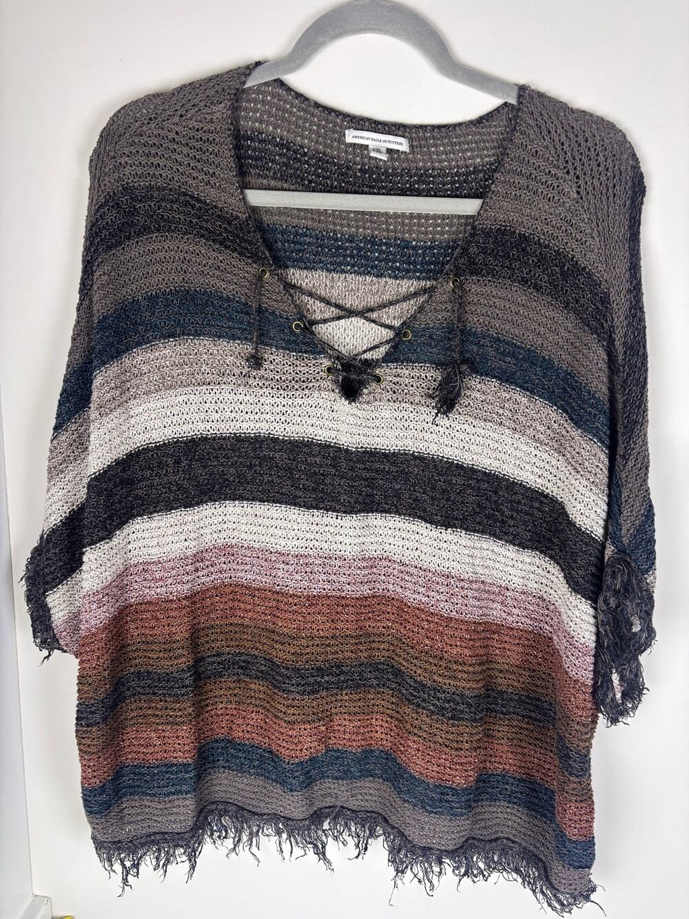 American Eagle L/XL Poncho Sweater Striped Lace Up Fringe Boho Oversized